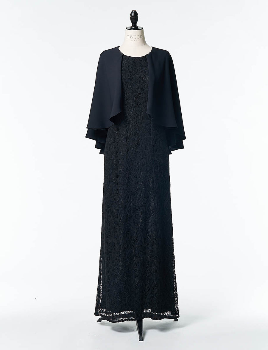 TWEED DRESS黒色華やかなレース袖マザーズドレス 結婚式 母親ドレス 黒・マザーズドレス レース ケープ付き
