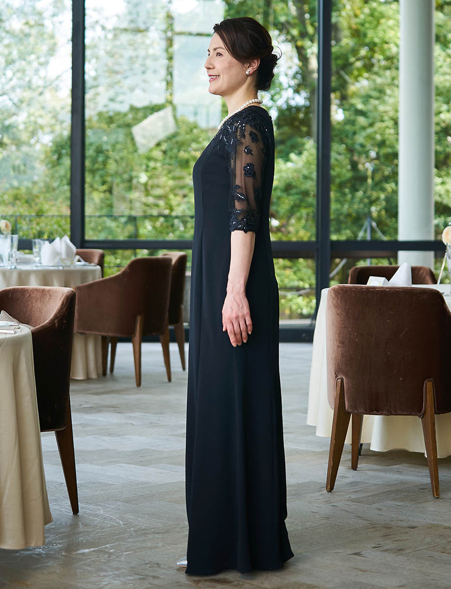 結婚式　マザードレス　tweed dress 新品同様 結婚式 母親ドレス ネイビー・マザーズドレススタンドカラー 袖付き