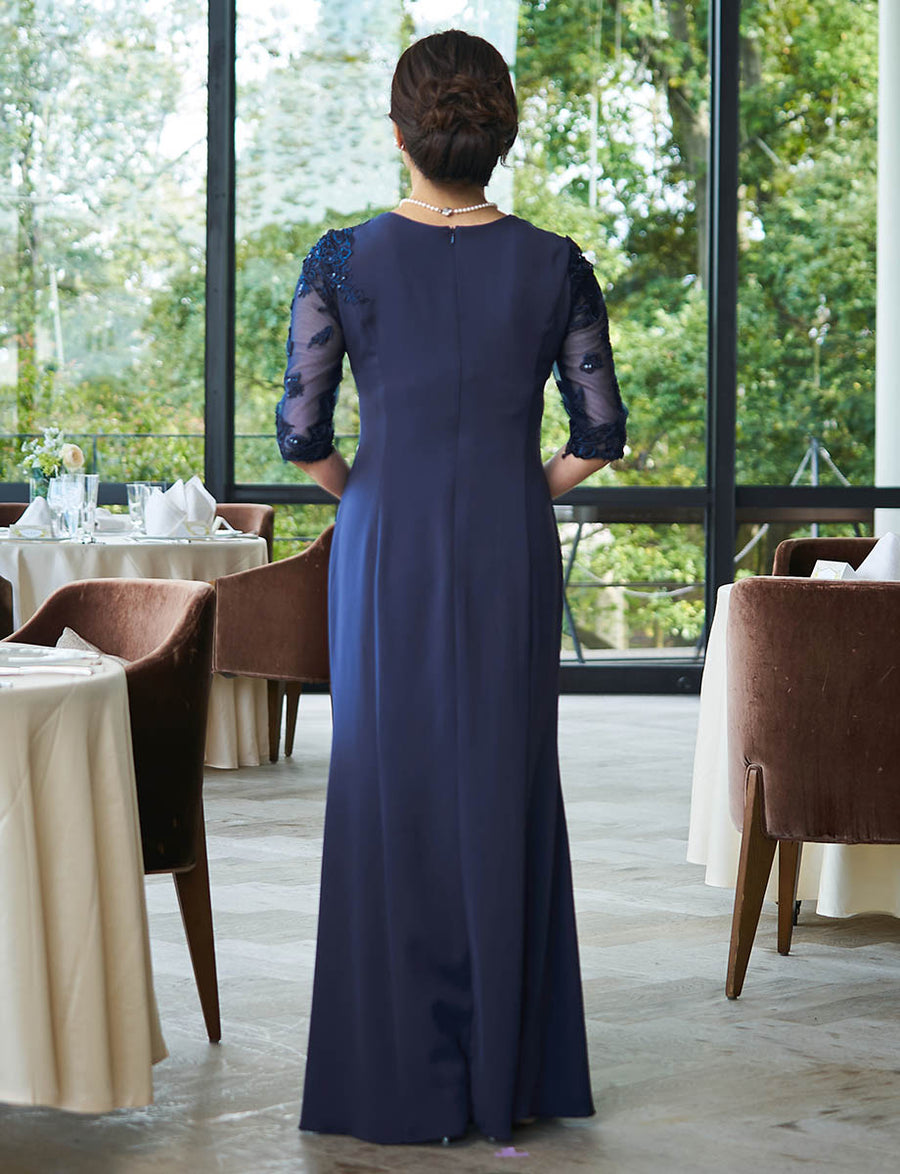 結婚式 母親ドレス ネイビー・マザーズドレス長袖 袖付き MD0404-DNY