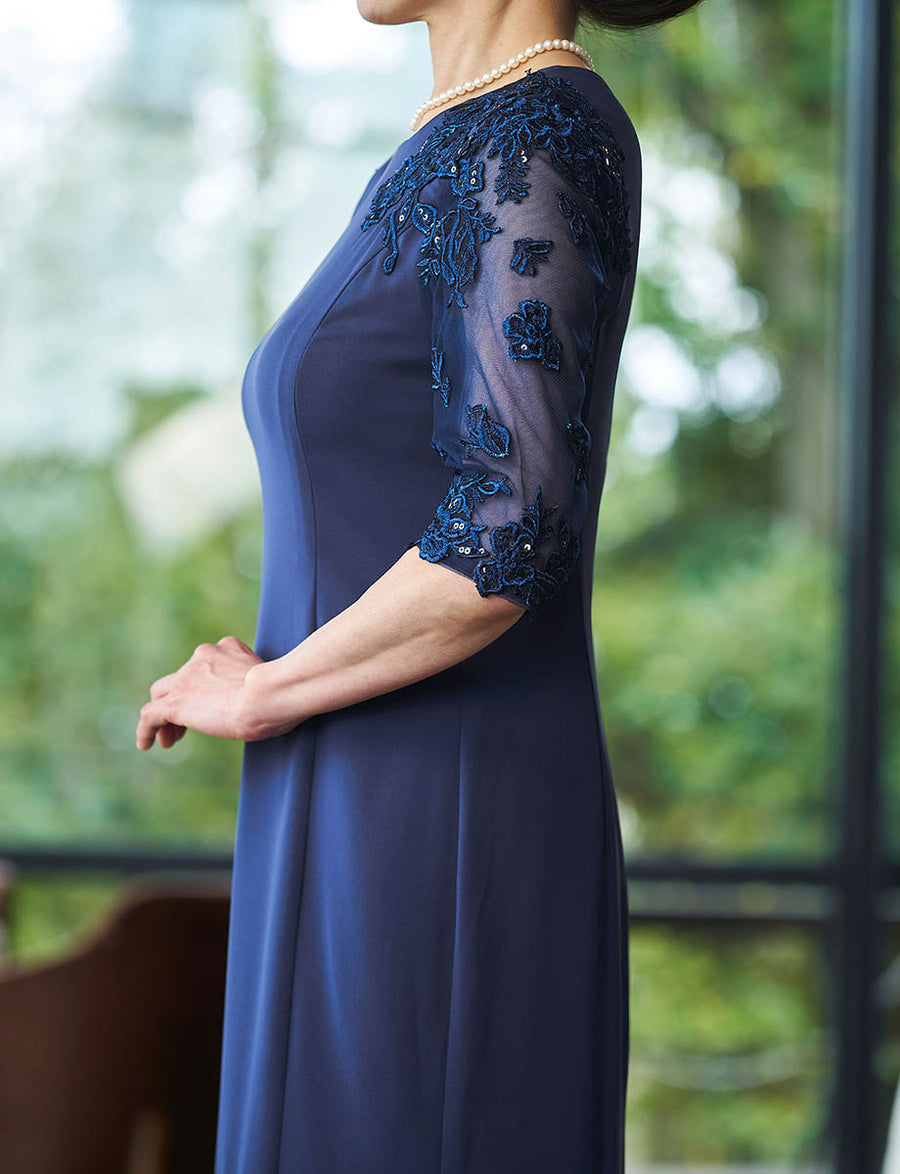 結婚式 母親ドレス ネイビー・マザーズドレス長袖 袖付き MD0404