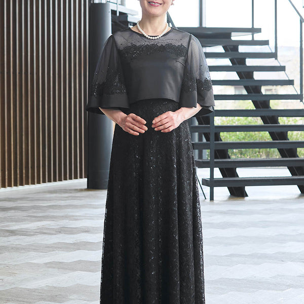 TWEED DRESS黒色華やかなレース袖マザーズドレス 結婚式 母親ドレス ダークネイビーレース・マザーズドレス