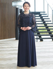 結婚式 母親ドレス ダークネイビーレース・マザーズドレス 長袖 MD0408