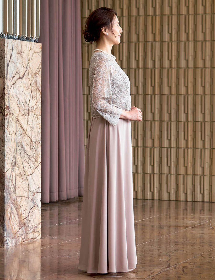 結婚式 母親ドレス グレーベージュレース・マザーズドレス 長袖 MD0408