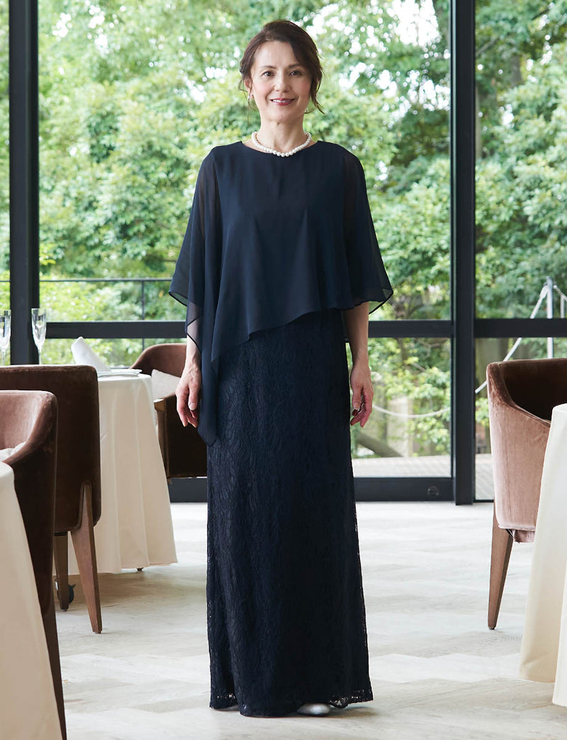 上品な結婚式母親ドレス ダークネイビー｜シフォンケープ付き・ロング丈・二の腕カバー・50代〜60代向けマザードレス