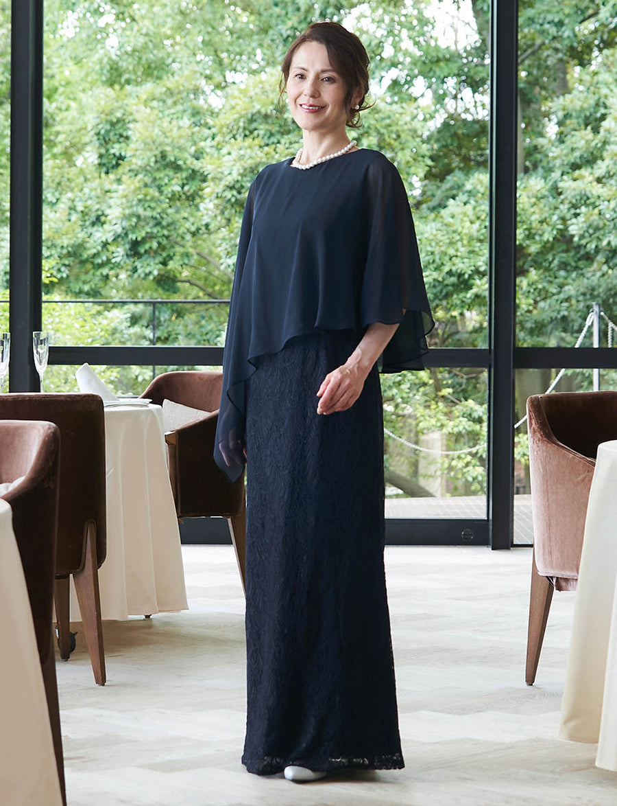 結婚式 母親ドレス ダークネイビー・マザーズドレス ケープ付き MD0501