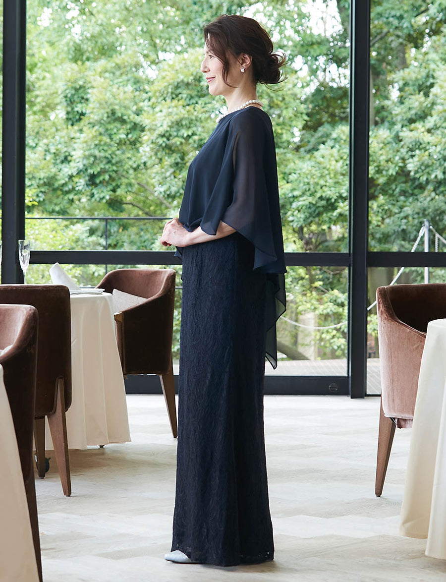 結婚式 母親ドレス ダークネイビー・マザーズドレス ケープ付き MD0501