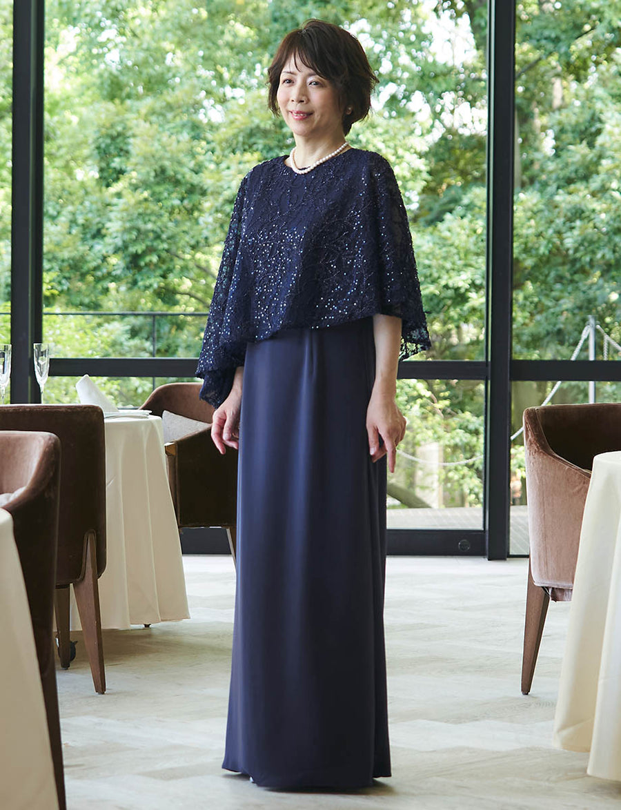 結婚式 母親ドレス ダークネイビー・マザーズドレス ケープ付き MD0502
