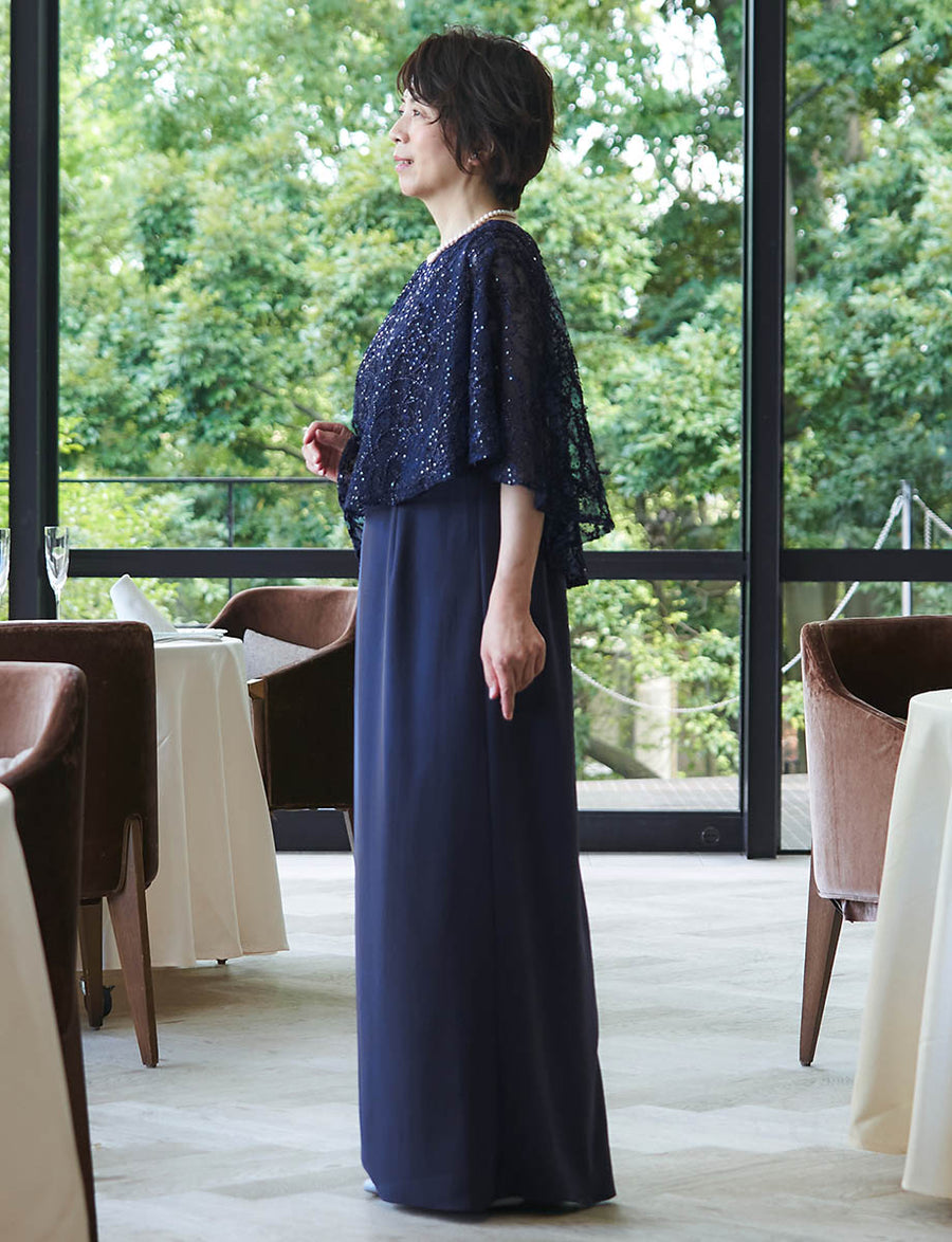 結婚式 母親ドレス ダークネイビー・マザーズドレス ケープ付き MD0502