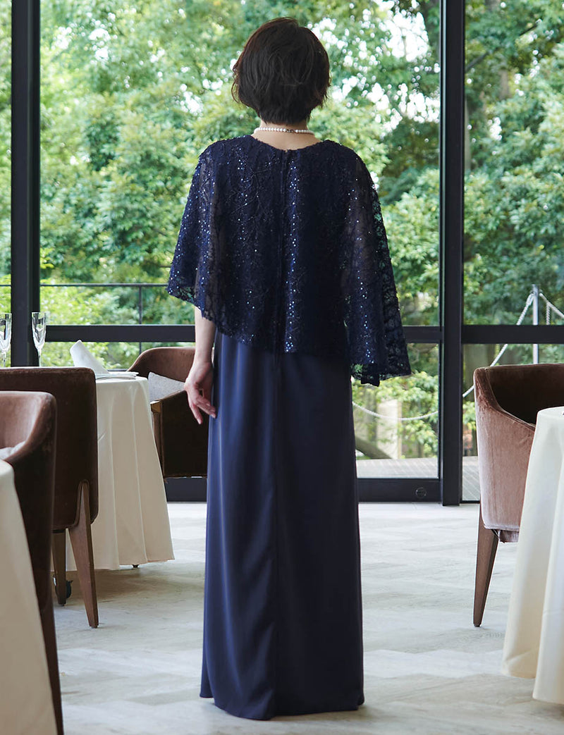 背中ファスナー仕様のマザーズドレス ダークネイビー｜結婚式 正礼装・スパンコール入りチュールレース・親族母親向けロングドレス