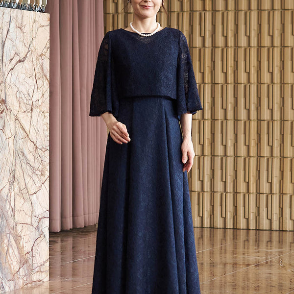 結婚式 母親ドレス ダークネイビー・マザーズドレス ケープスリーブ
