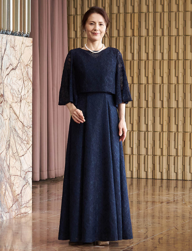 結婚式母親ドレス ダークネイビー｜ボンディングレース・ケープスリーブボレロ付き・Aライン・二の腕カバー・50代〜60代向けマザードレス