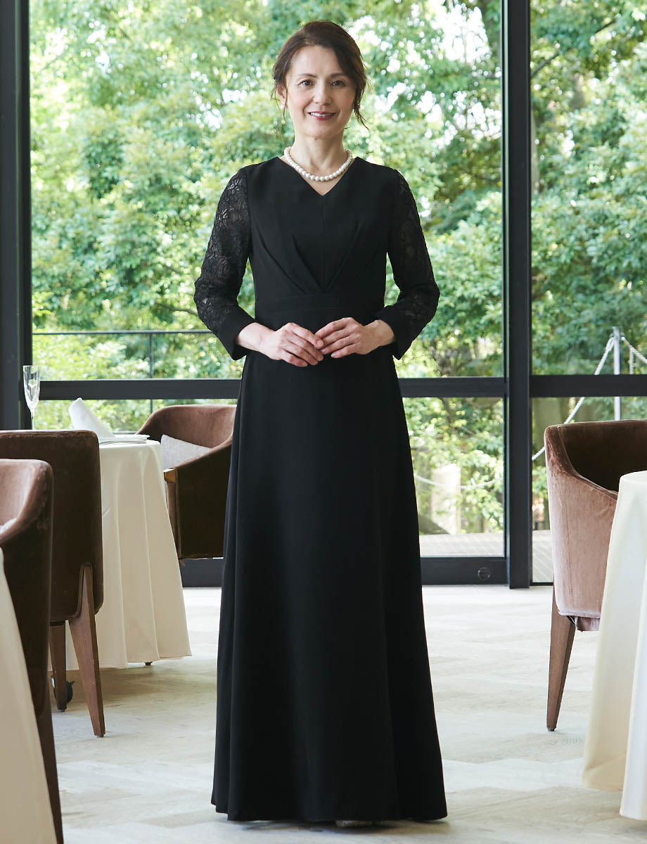 TWEED マザードレス（バック・ヘアアクセサリー付き） 結婚式 母親ドレス ブラック・マザーズドレス レース袖付き MD0504-BK