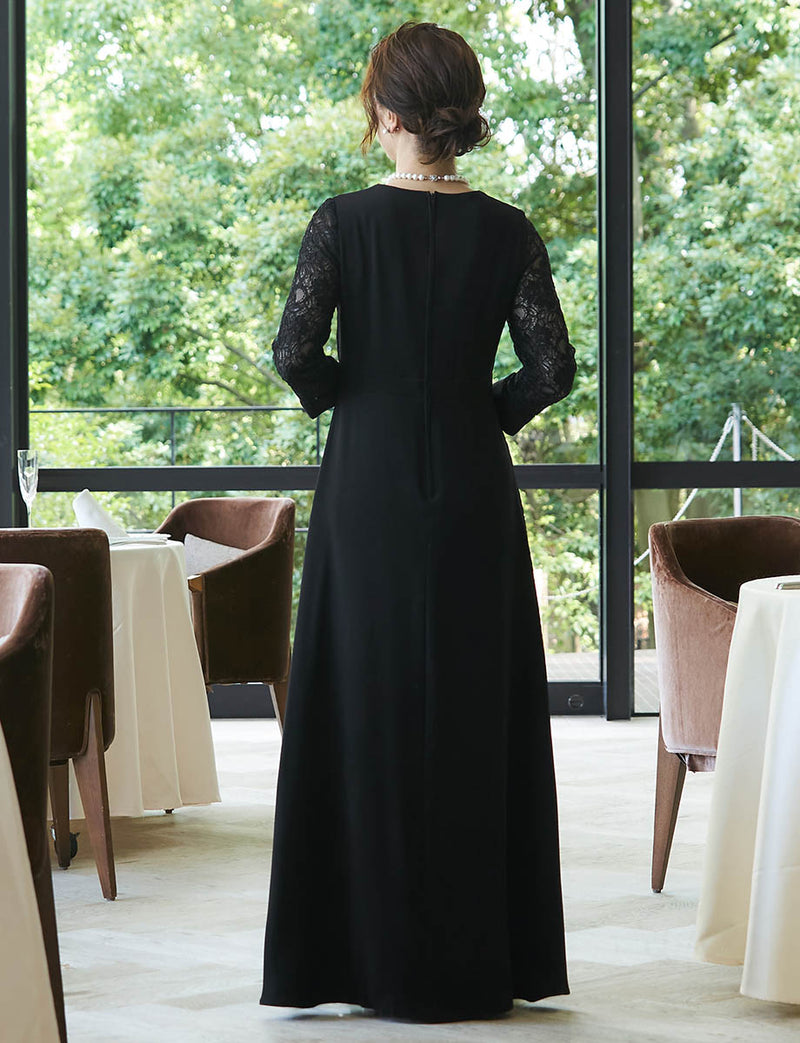 背中ファスナー仕様のマザーズドレス ブラック｜結婚式 正礼装・レース袖・親族母親向けロングドレス