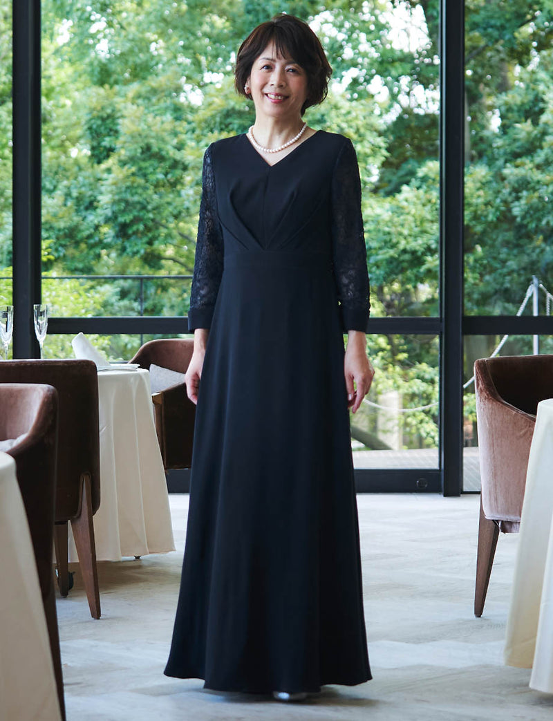 結婚式母親ドレス ダークネイビー｜レース袖・Aライン・ロング丈・Vネック・50代〜60代向けマザードレス