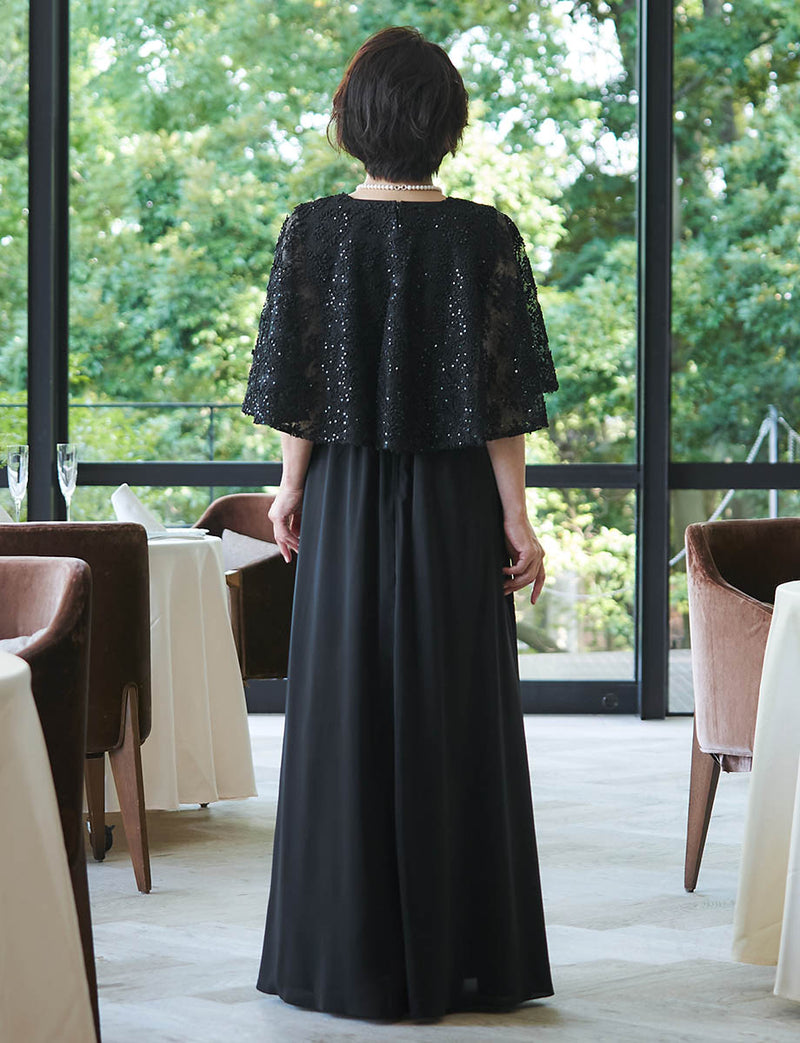 背中シャーリング仕様のマザーズドレス ブラック｜結婚式 正礼装・チュールレースケープ付き・親族母親向けロングドレス