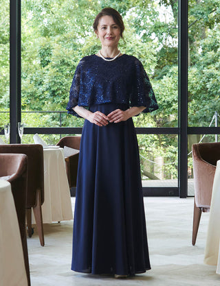 結婚式母親ドレス ダークネイビー｜シフォンドレス・スパンコール入りチュールレースケープ付き・Aライン・ロング丈・50代〜60代向けマザードレス