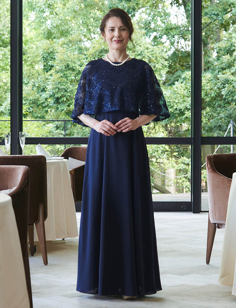 結婚式母親ドレス ダークネイビー｜シフォンドレス・スパンコール入りチュールレースケープ付き・Aライン・ロング丈・50代〜60代向けマザードレス
