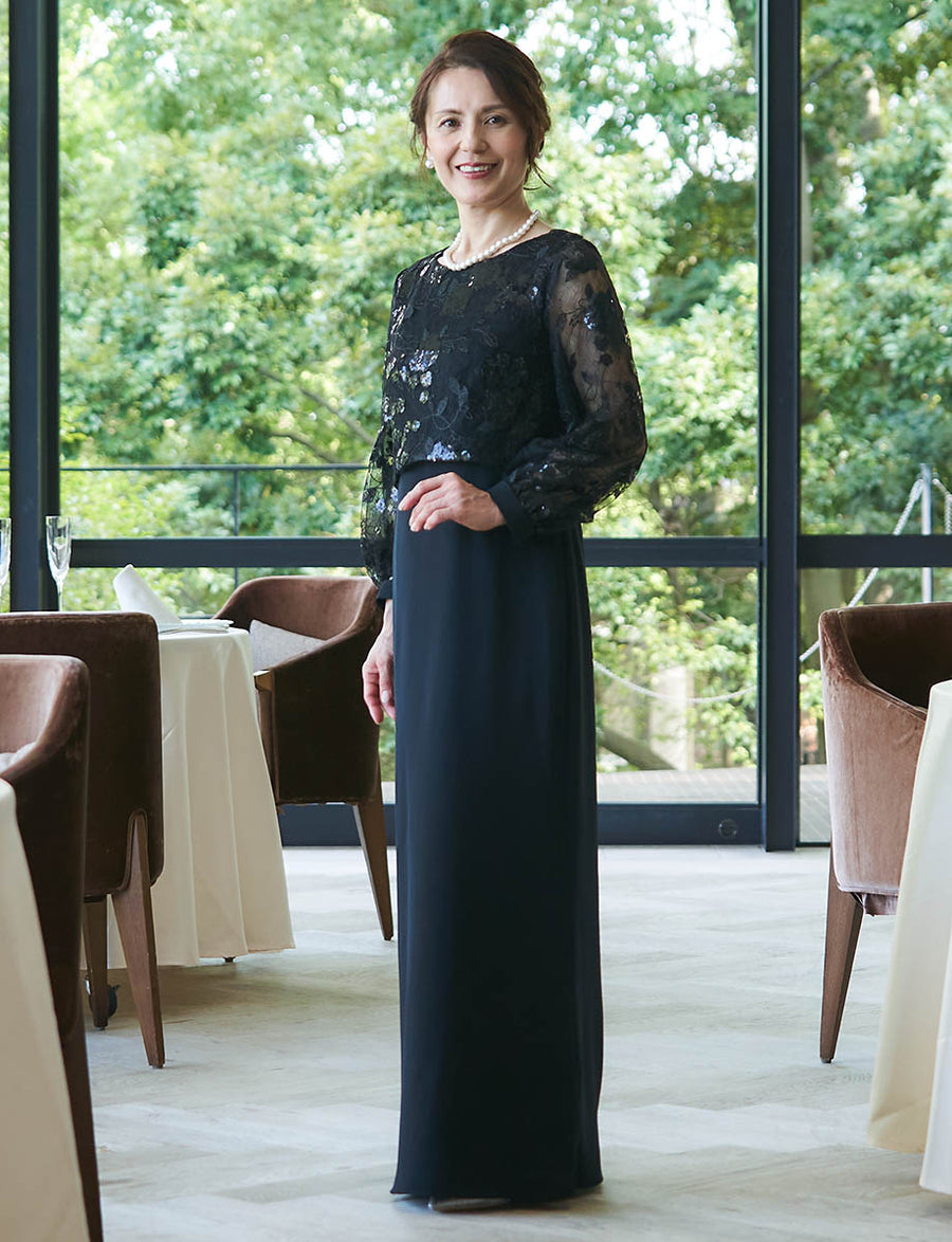 結婚式 母親ドレス ブラック・マザーズドレス パフスリーブ付き