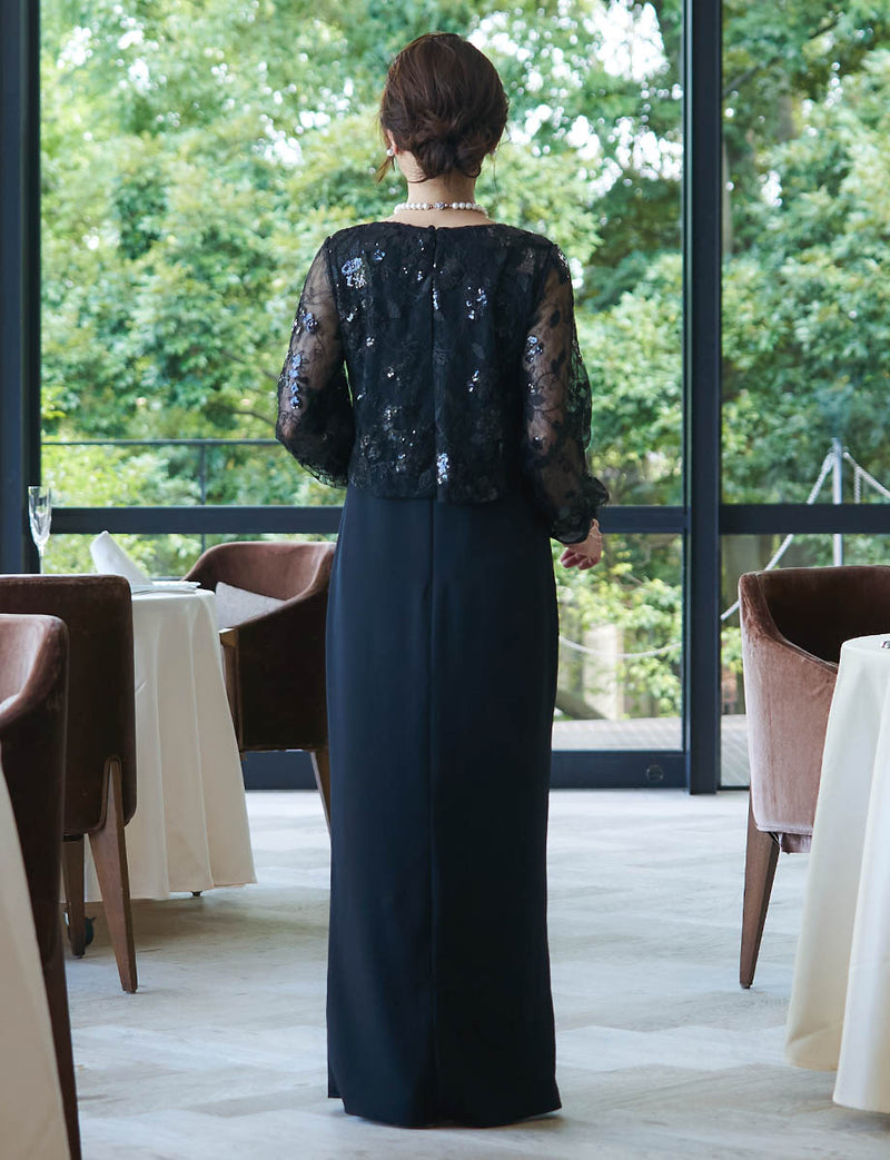 背中ファスナー仕様のマザーズドレス ブラック｜結婚式 正礼装・パフスリーブ付き・親族母親向けロングドレス