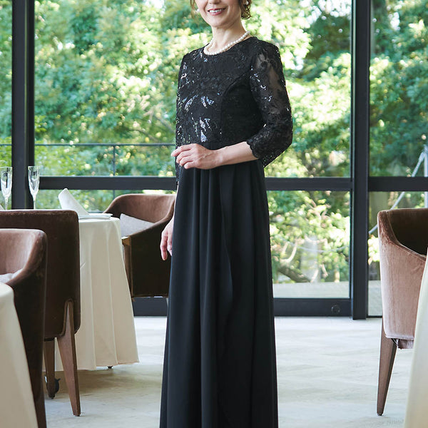 hiko様　　トレンタ・ドウーエ ◆ジャカードレースコート(42)ブラック 結婚式 母親ドレス ブラック・マザーズドレス レース袖付き MD0508-BK