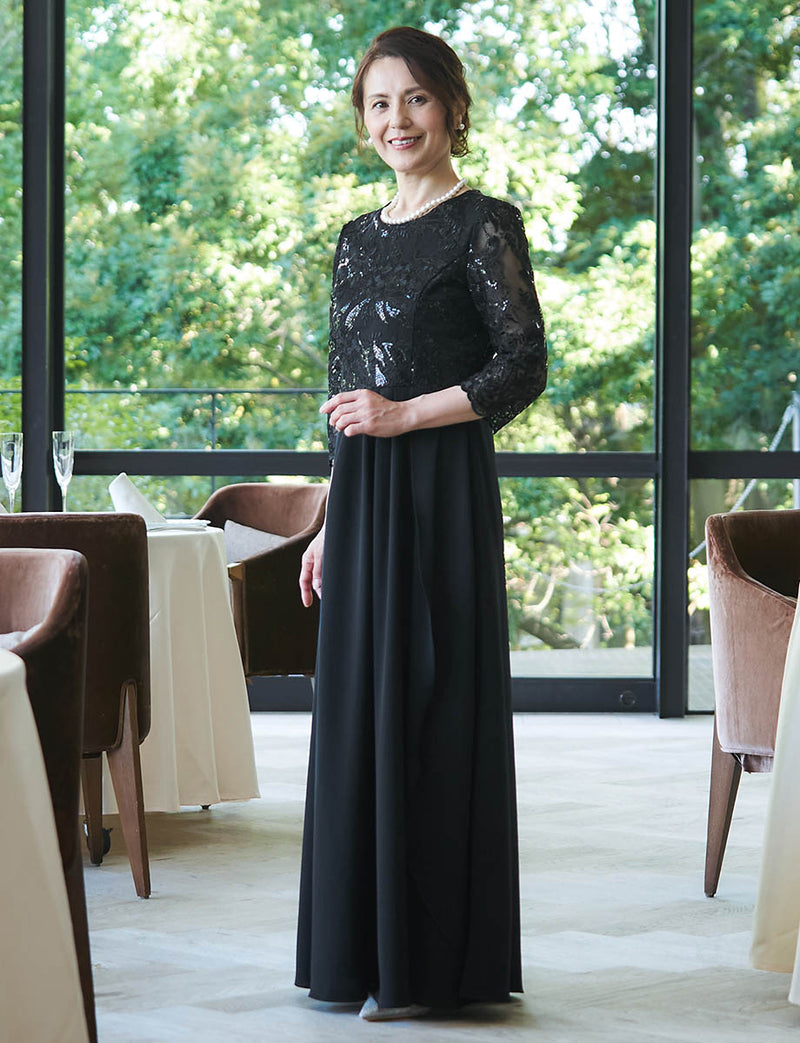 結婚式母親ドレス ブラック｜スパンコール入り花柄レース身頃・Aライン・ロング丈・レース袖・50代〜60代向けマザードレス