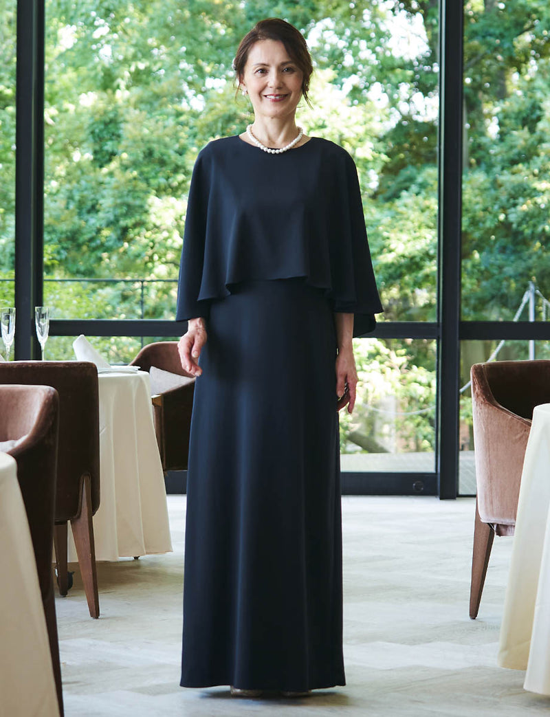結婚式母親ドレス ダークネイビー｜日本製サテン・ケープ一体型・Aライン・ロング丈・50代〜60代向けマザードレス