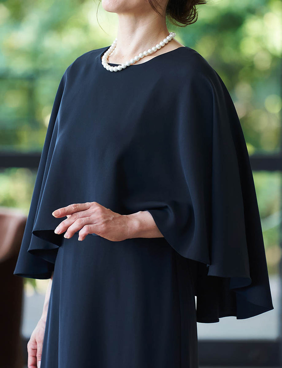 結婚式 母親ドレス ダークネイビー・マザーズドレス ケープ一体型