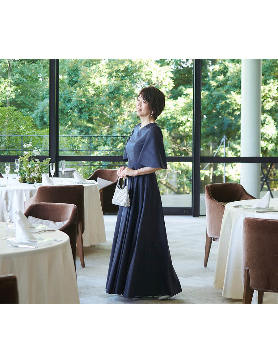 結婚式 母親ドレス ダークネイビー・マザーズドレス タフタAライン