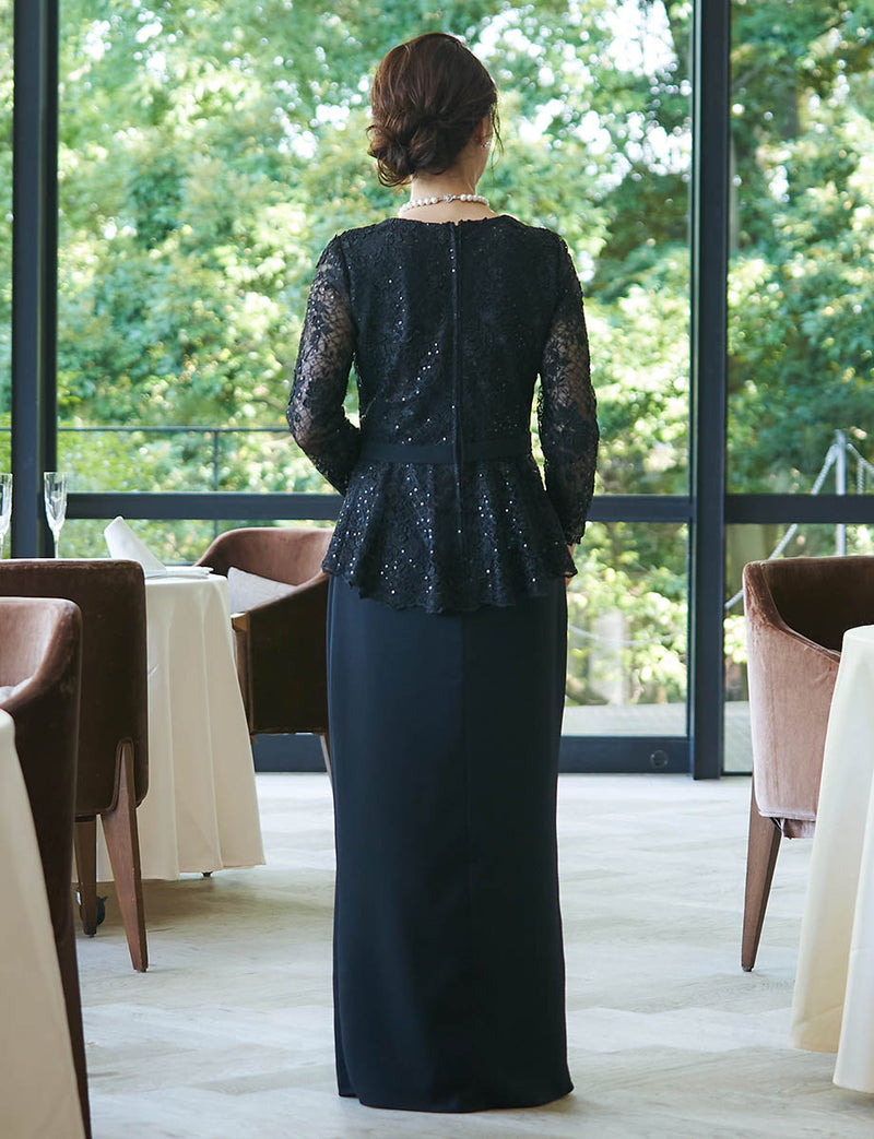 後ろ長めペプラムデザインのマザーズドレス ブラック｜結婚式 正礼装・花柄レース身頃・親族母親向けロングドレス