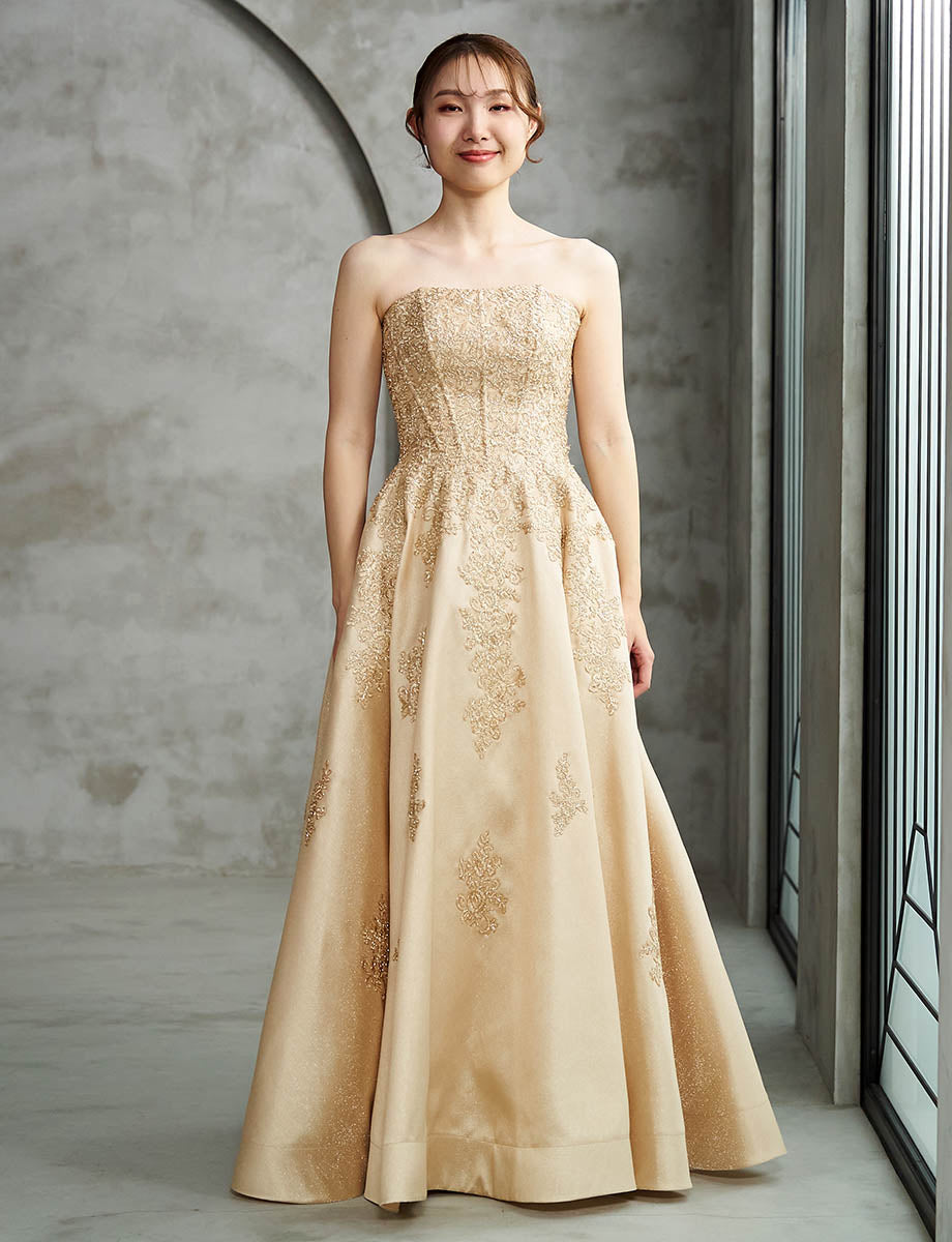 ロングドレス ベアトップ 肩紐付き 演奏会 発表会 サテン