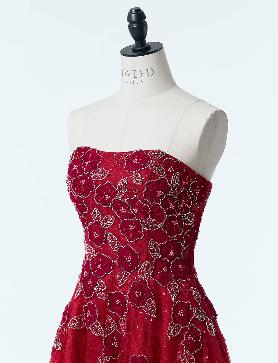 ロングドレス レッド カットレース 演奏会・ステージドレス ツイード