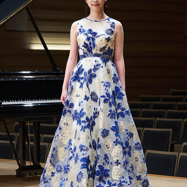 ロングドレス ロイヤルブルー 花柄プリント 演奏会・ステージドレス 