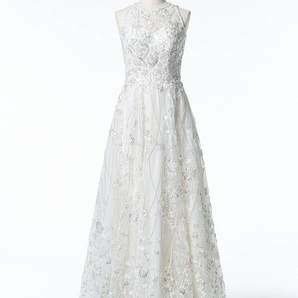 ロングドレス アイボリー アメリカンスリーブ ビジュレース 演奏会