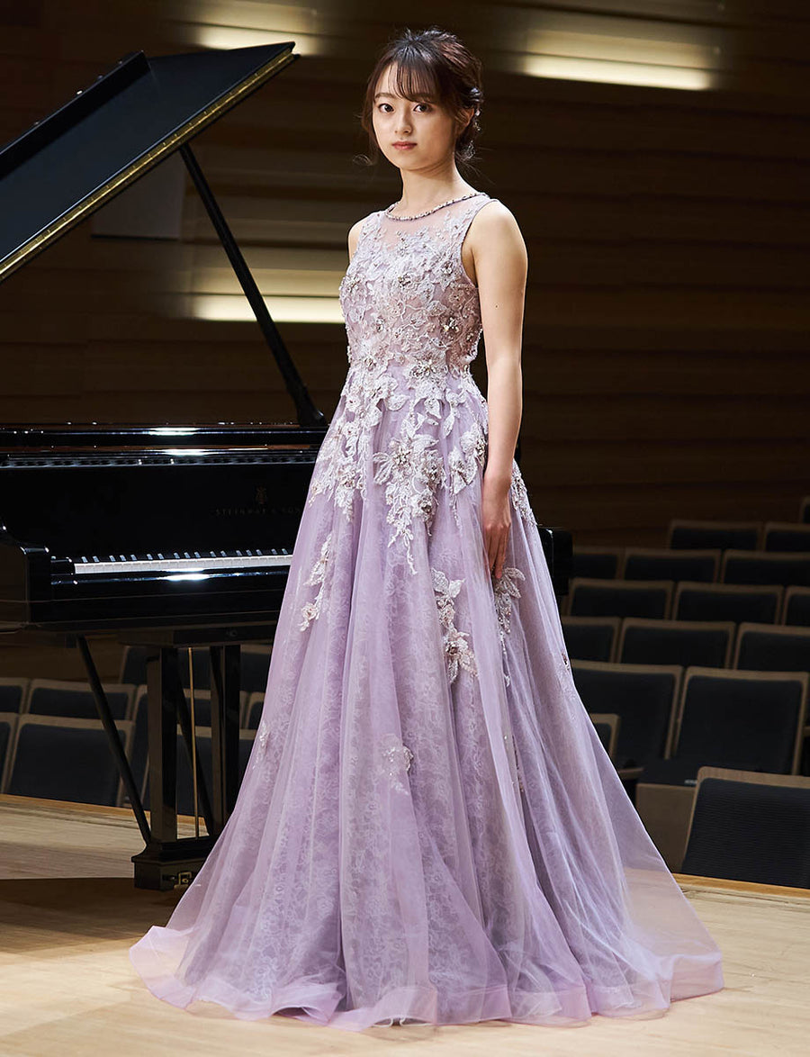 ロングドレス パープルレイン 花柄レース ノースリーブ 演奏会
