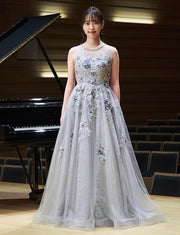 ロングドレス シルバー 花柄レース ノースリーブ 演奏会・ステージ