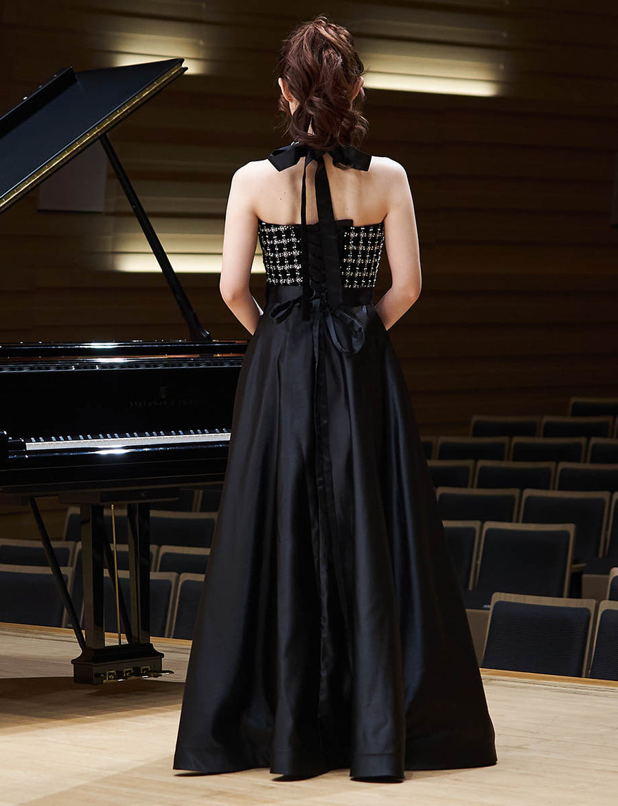 ブラック×シルバー ロングドレス ホルターネック サテン 演奏会