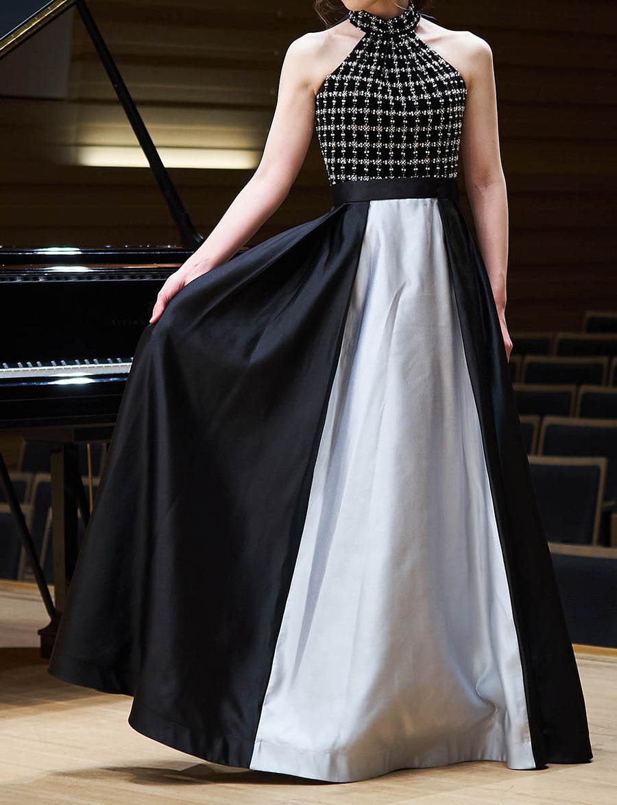 ブラック×シルバー ロングドレス ホルターネック サテン 演奏会
