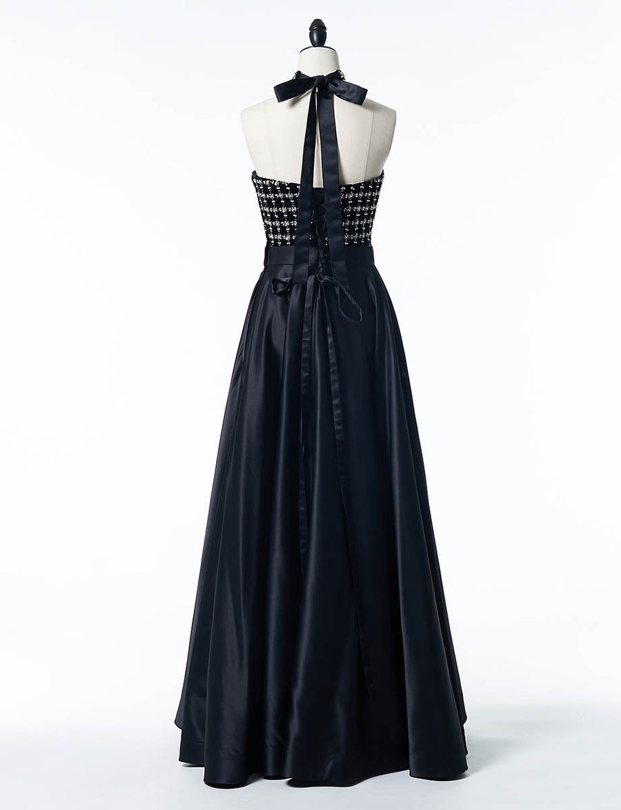 ブラック×シルバー ロングドレス ホルターネック サテン 演奏会