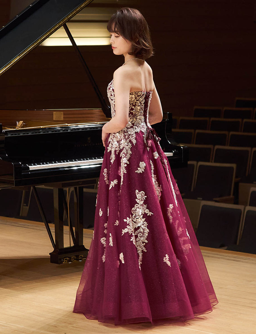 ワインレッド ロングドレス ベアトップ 発表会・演奏会ドレス
