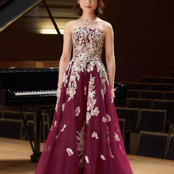 ワインレッド ロングドレス ベアトップ 発表会・演奏会ドレス