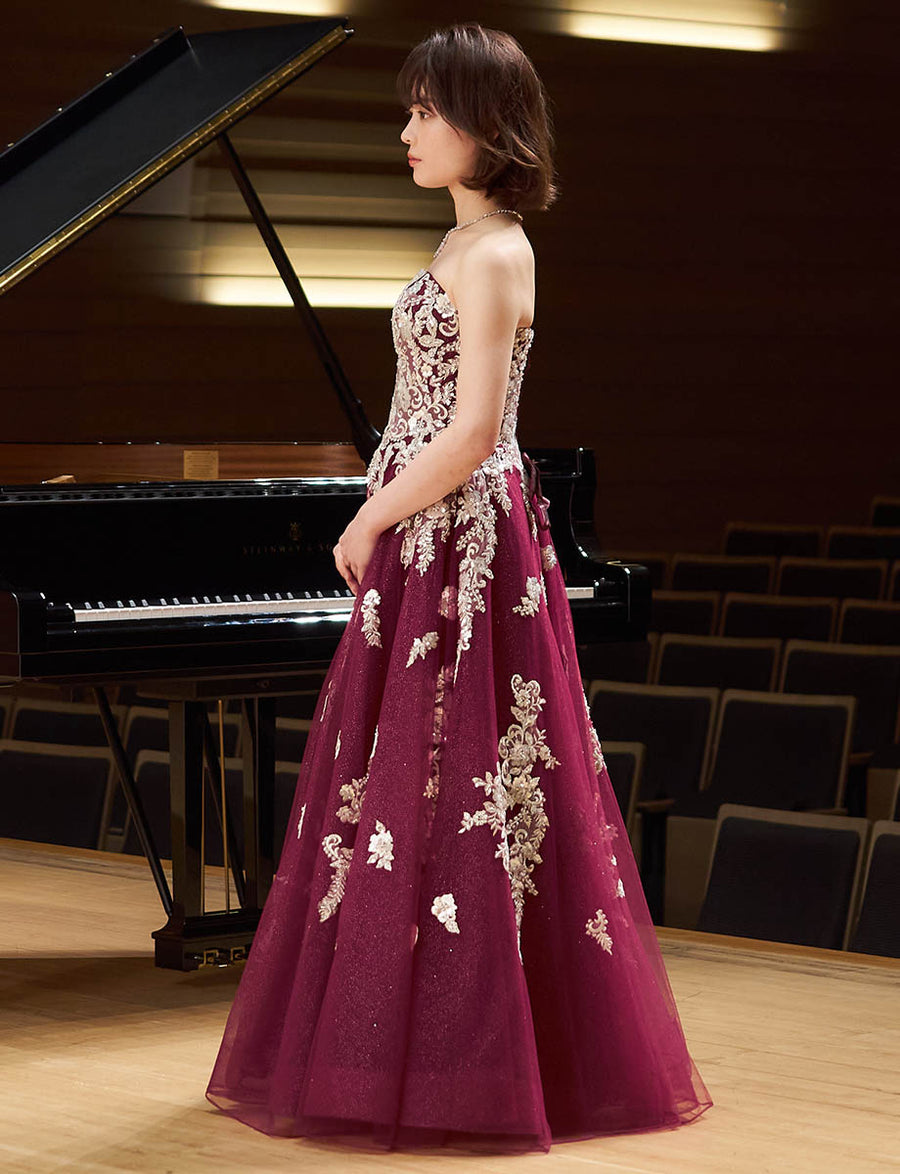 ワインレッド ロングドレス ベアトップ 発表会・演奏会ドレス