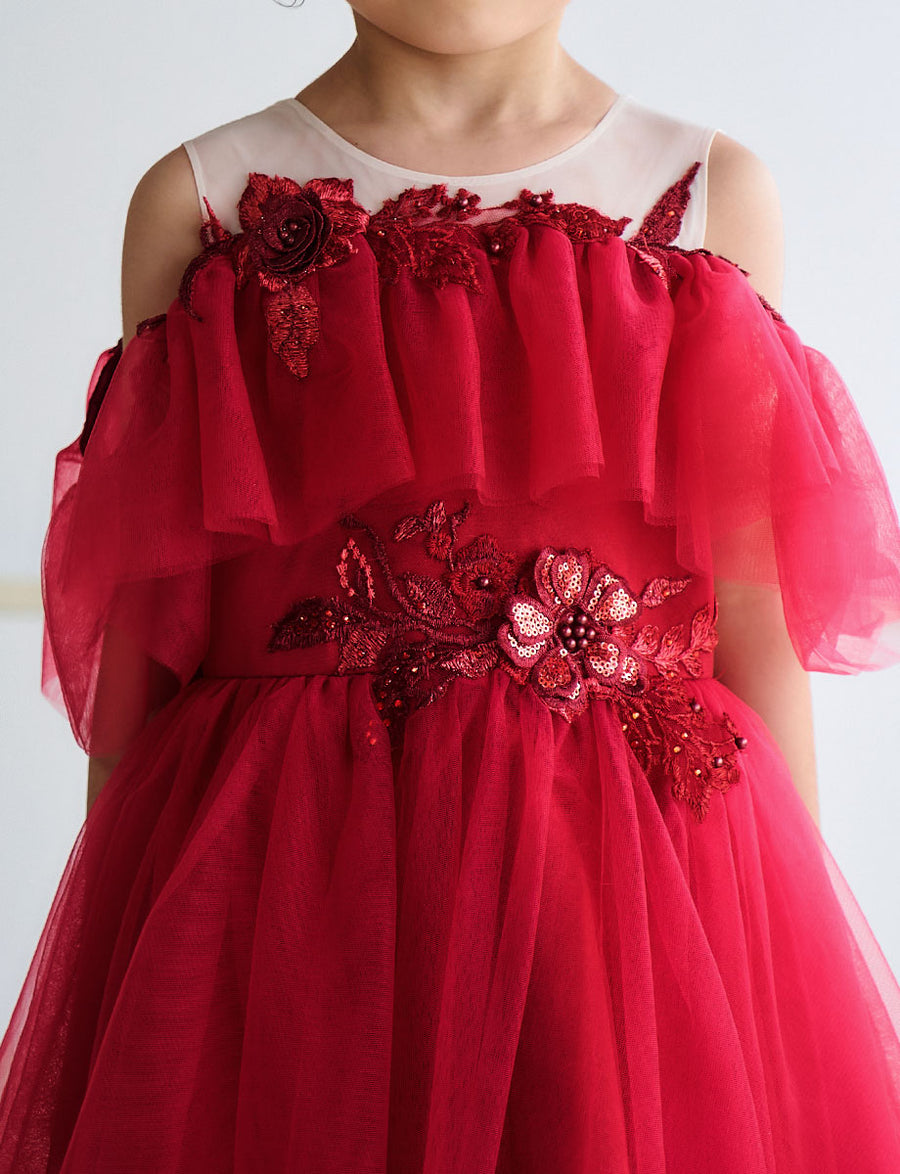 ダークレッドオフショルダードレス TWEED KIDS・TK83812-DRD｜子供