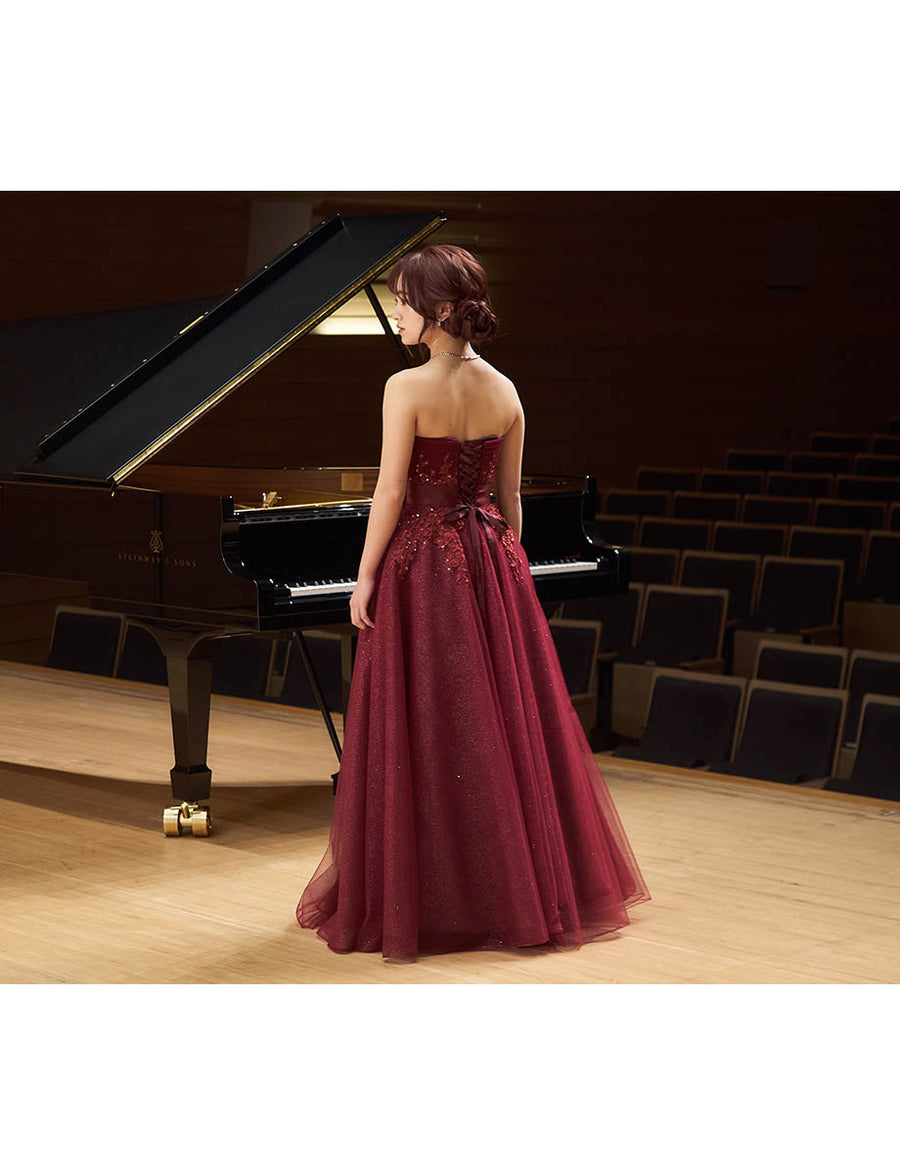 pleats dress 約11号 Lサイズ(演奏会発表会・ウエディング・結婚式 ワインレッド ロングドレス ベアトップ チュール 肩紐付き 発表
