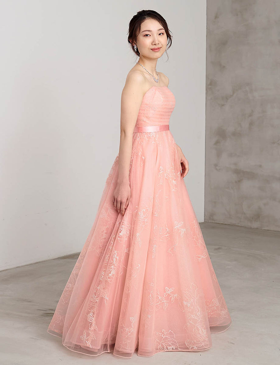 ロングドレス 演奏会ドレス チュール 花柄レース シェルピンクドレス ロングドレス 演奏会ドレス チュール 花柄レース シェルピンクドレス