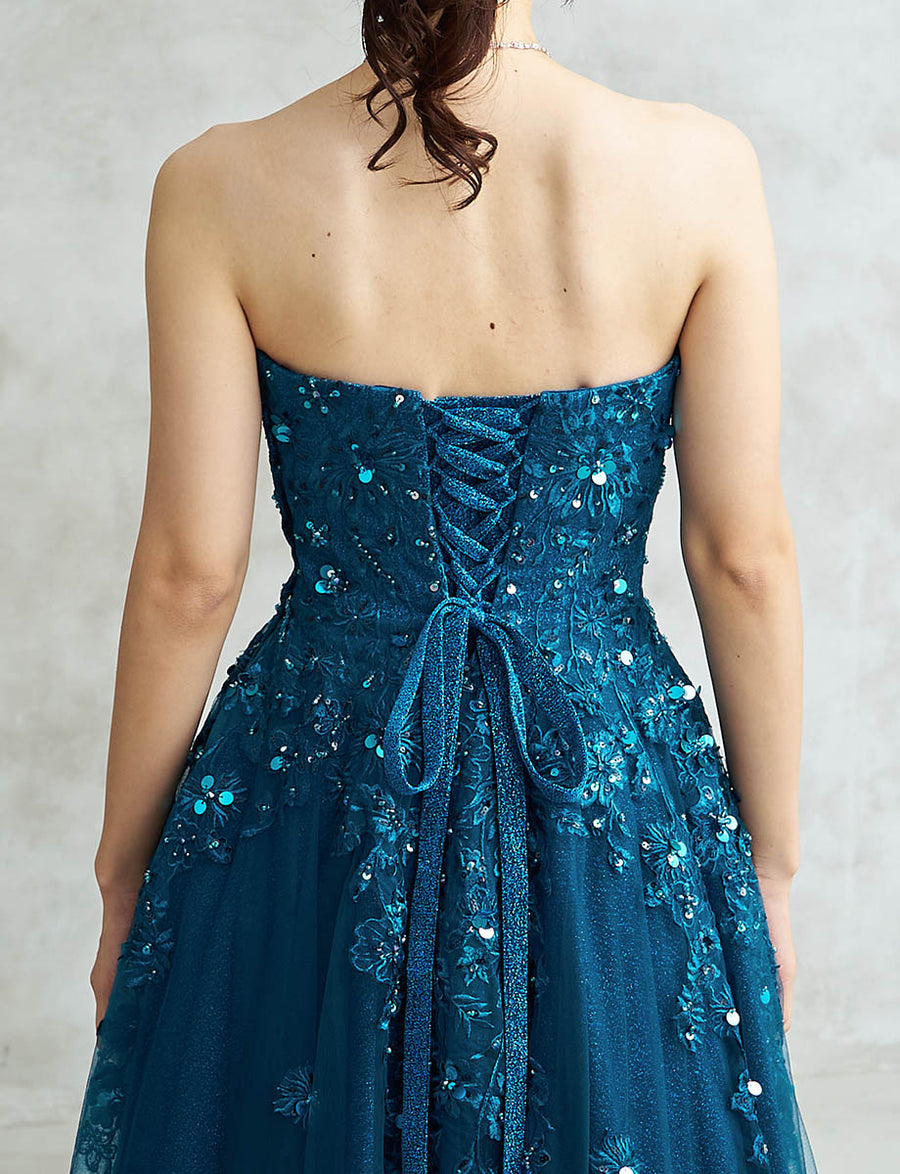 ブルーグリーン ロングドレス ベアトップ ビジュ刺繍 チュール