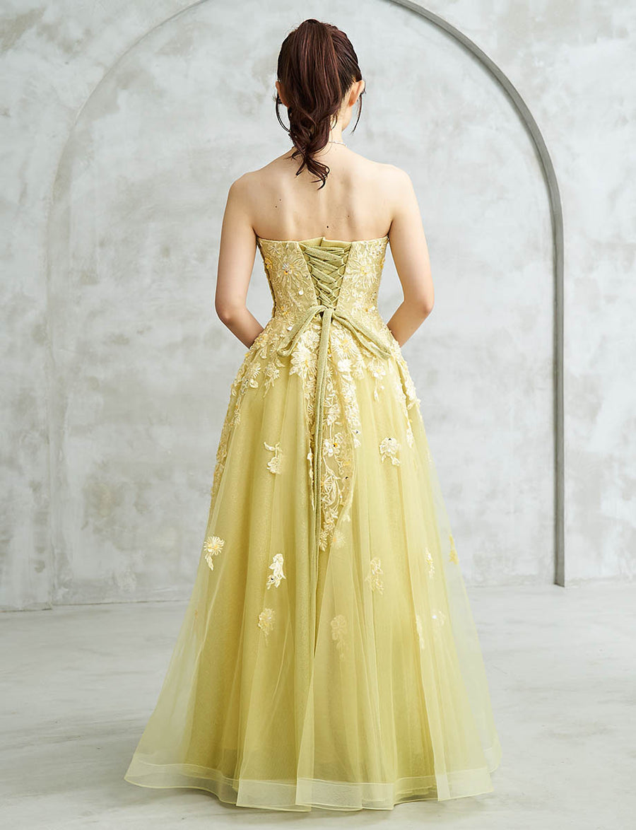 イエローゴールド ロングドレス ベアトップ ビジュ刺繍 チュール 肩