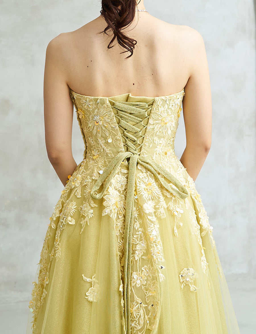 イエローゴールド ロングドレス ベアトップ ビジュ刺繍 チュール 肩