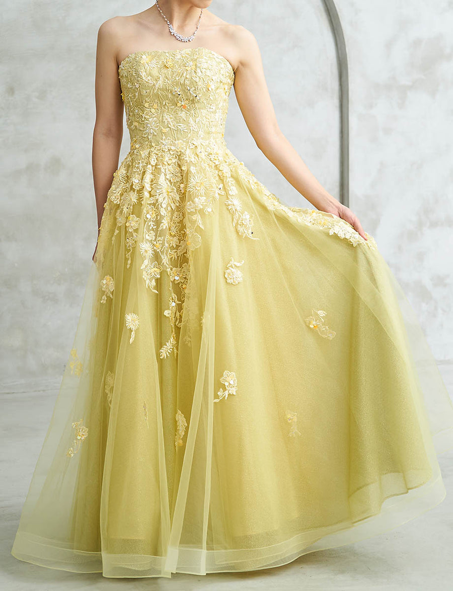 イエローゴールド ロングドレス ベアトップ ビジュ刺繍 チュール 肩