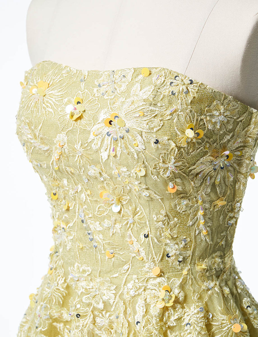 イエローゴールド ロングドレス ベアトップ ビジュ刺繍 チュール 肩