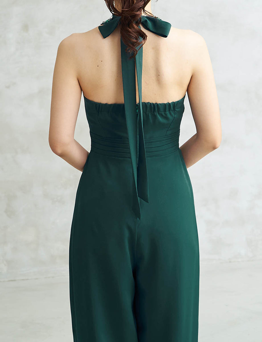 シフォンパンツドレス ホルターネック ダークグリーン 演奏会 発表会に